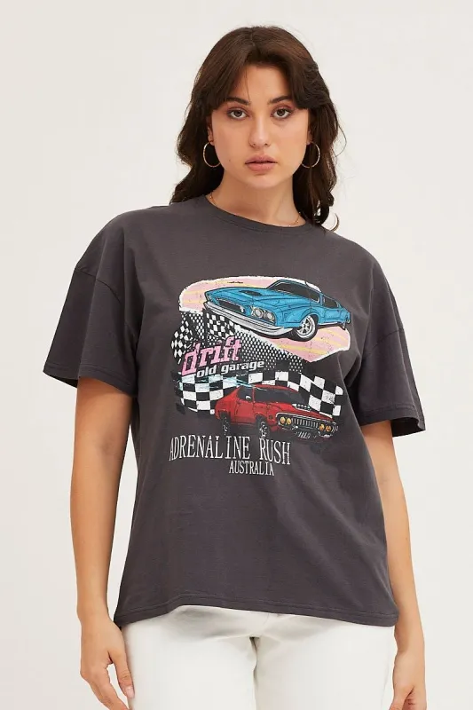 Grey Graphic T Shirt Short Sleeve Crew Neck sold by Ally Fashion