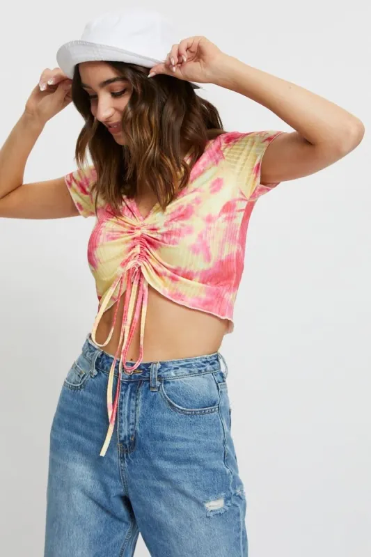 Print Tie Dye Ruched Drawstring Top sold by Ally Fashion