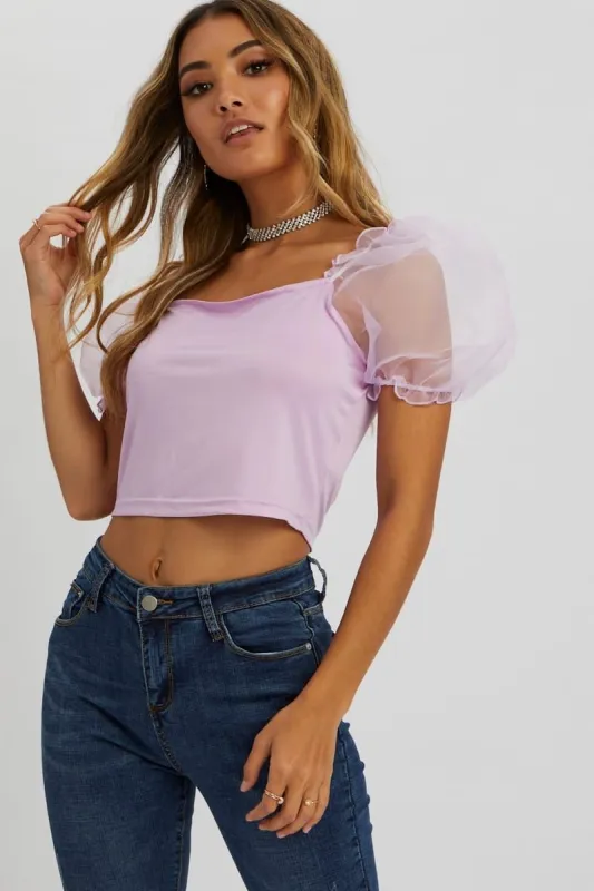 Purple Organza Puff Sleeve Top sold by Ally Fashion