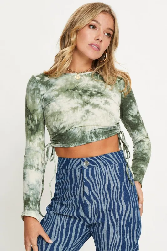 Green Tie Dye Drawstring Top sold by Ally Fashion