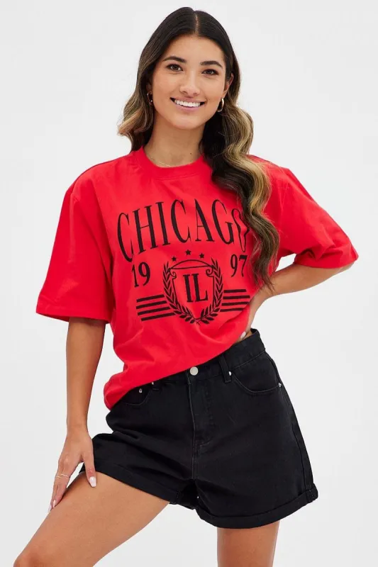 Red T Shirt Short Sleeve Crew Neck Longline Chicago sold by Ally Fashion