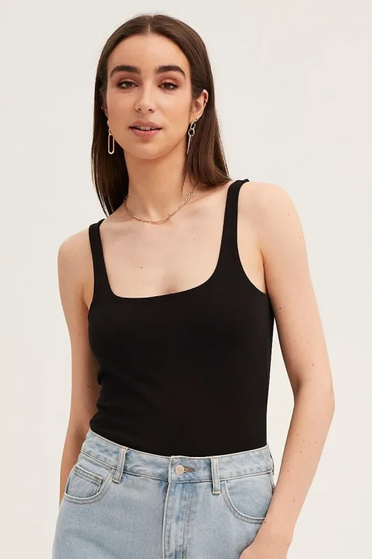 Black Square Neck Basic Tank Top Cotton Span sold by Ally Fashion
