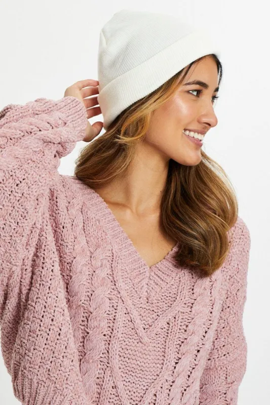 White Ribbed Beanie sold by Ally Fashion
