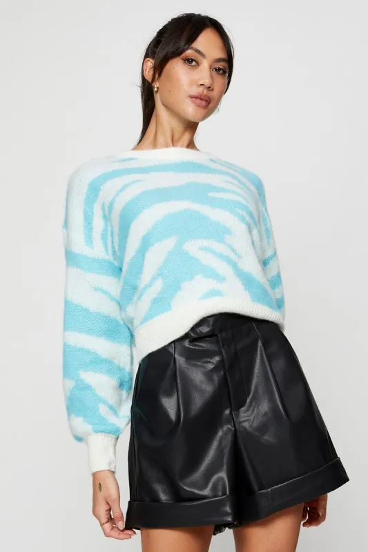 Blue Abstract Print Knit Top Long Sleeve Relaxed Round Neck sold by Ally Fashion