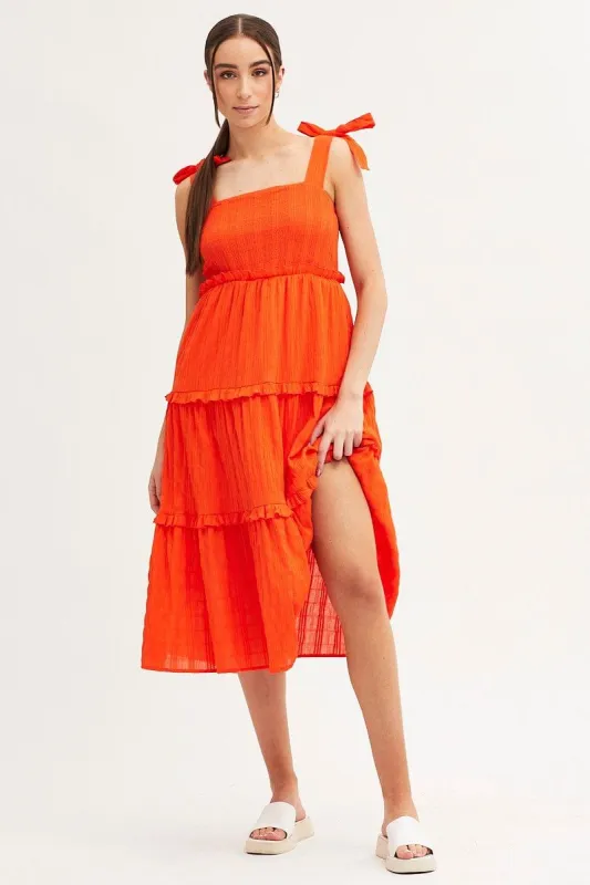 Orange Midi Dress Sleeveless Shirred Texture Cotton sold by Ally Fashion