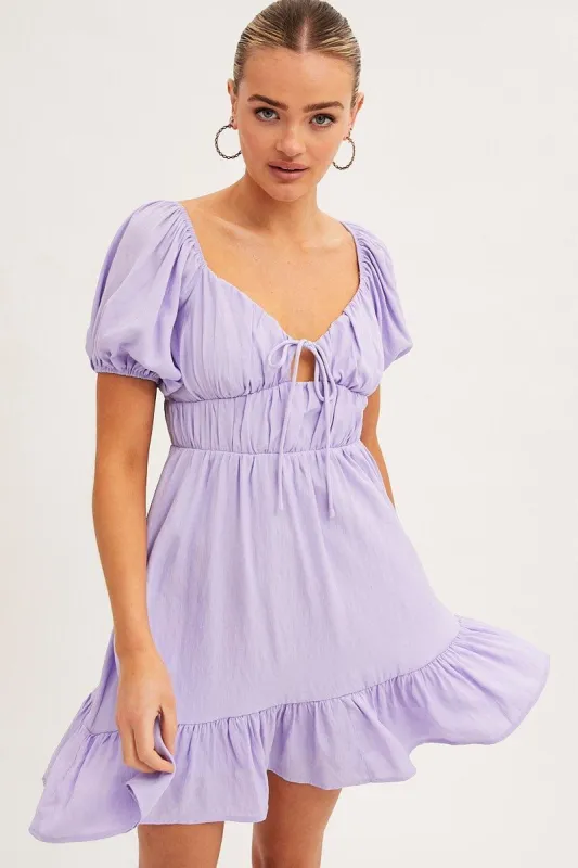 Purple Fit And Flare Dress Short Sleeve Ruched Mini Dress sold by Ally Fashion
