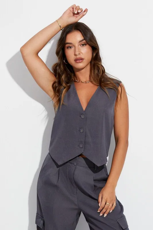 Grey Top Waistcoat Sleeveless V Neck Button Up Relaxed sold by Ally Fashion