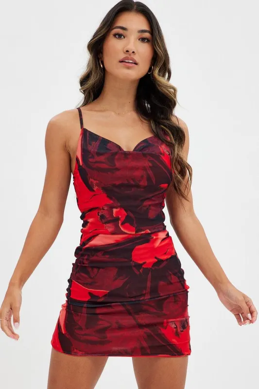 Red Abstract Mesh Dress Cowl Neck Mini Bodycon sold by Ally Fashion