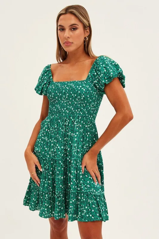 Green Floral Square Neck Tiered Skater Dress sold by Ally Fashion