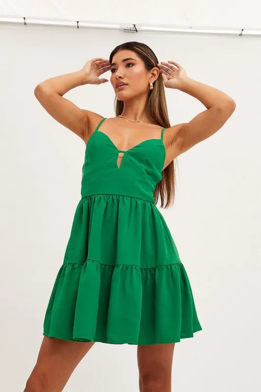 Green Skater Dress Sleeveless Mini V Neck sold by Ally Fashion