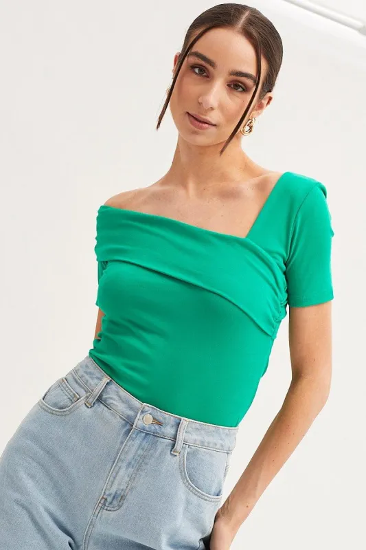 Green Top Short Sleeve Asymmetric Neckline Cotton Jersey sold by Ally Fashion