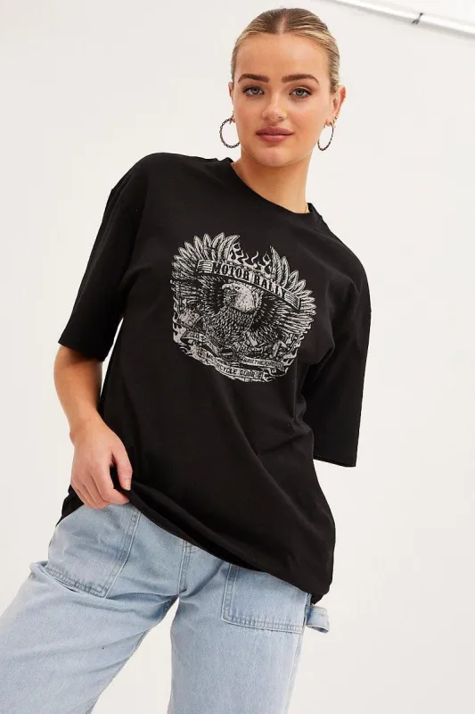 Black Graphic T-Shirt Crew Neck Short Sleeve sold by Ally Fashion