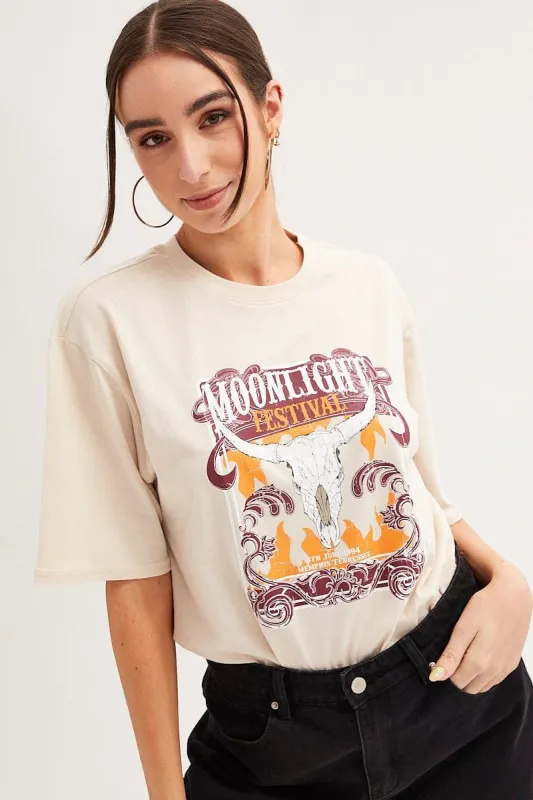 Beige Graphic T-Shirt Short Sleeve Oversized sold by Ally Fashion