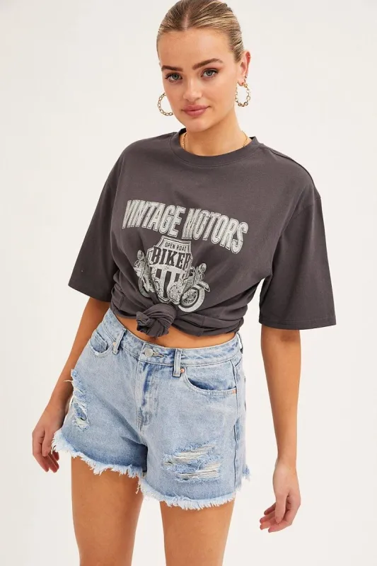 Grey T Shirt Short Sleeve Crew Neck Vintage Bike Cotton sold by Ally Fashion