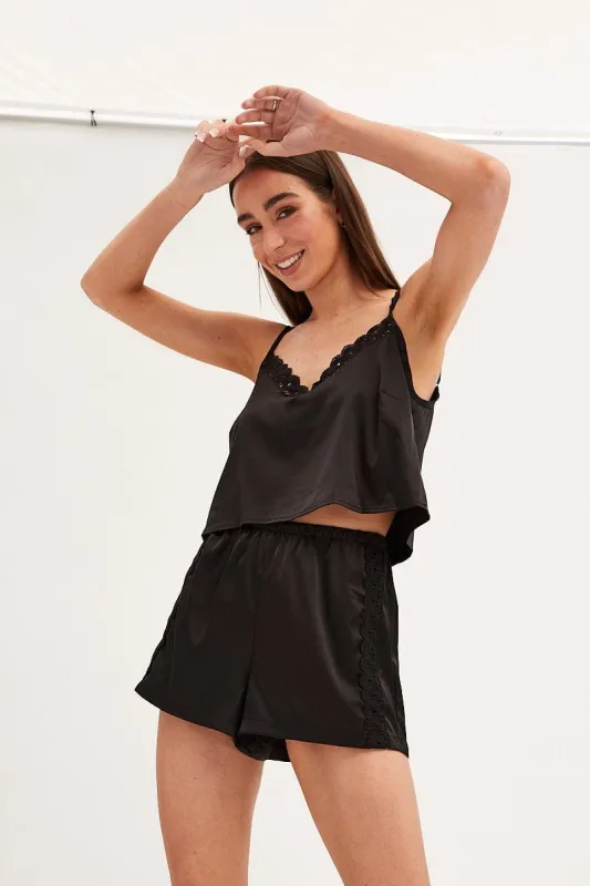 Black Pyjamas Set Sleeveless Cami Shorts Satin sold by Ally Fashion