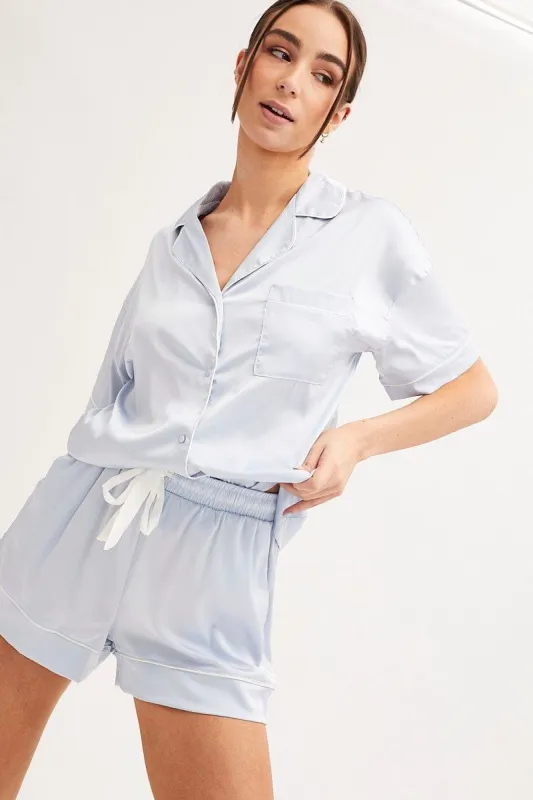 Blue Pyjamas Set Short Sleeve Collared Shorts Satin sold by Ally Fashion