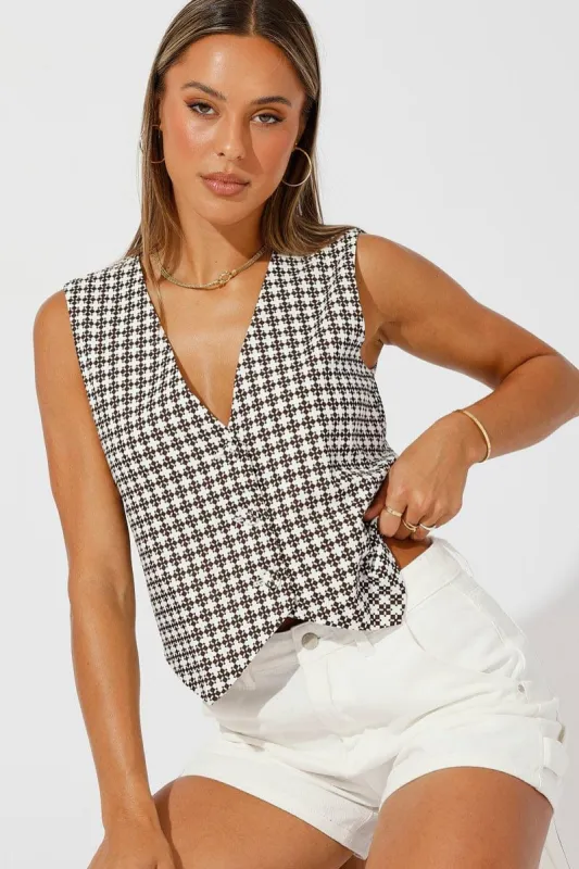 Brown Geo Top Waistcost Sleeveless V Neck Button Up Relaxed sold by Ally Fashion