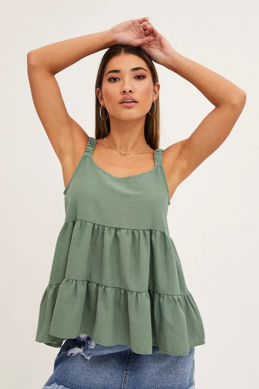 Green Tiered Top Sleeveless Scoop Neck Linen Blend sold by Ally Fashion