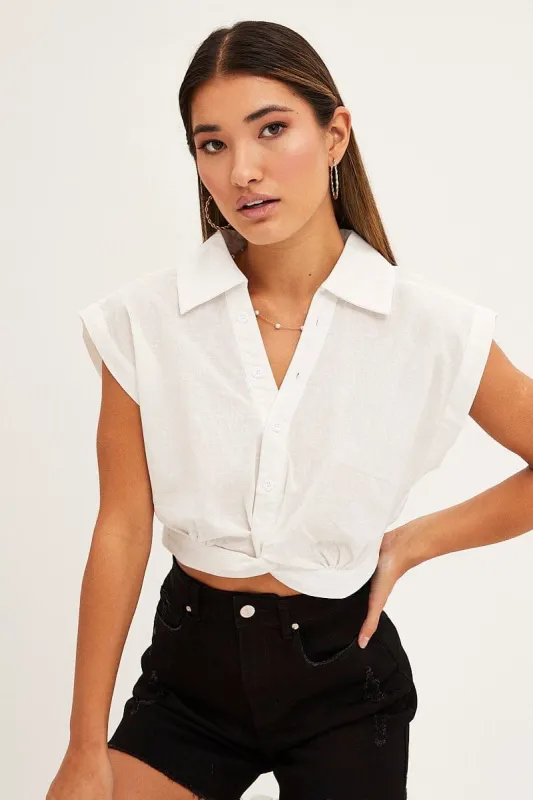 White Crop Shirt Cap Sleeve Collared Cotton Linen sold by Ally Fashion