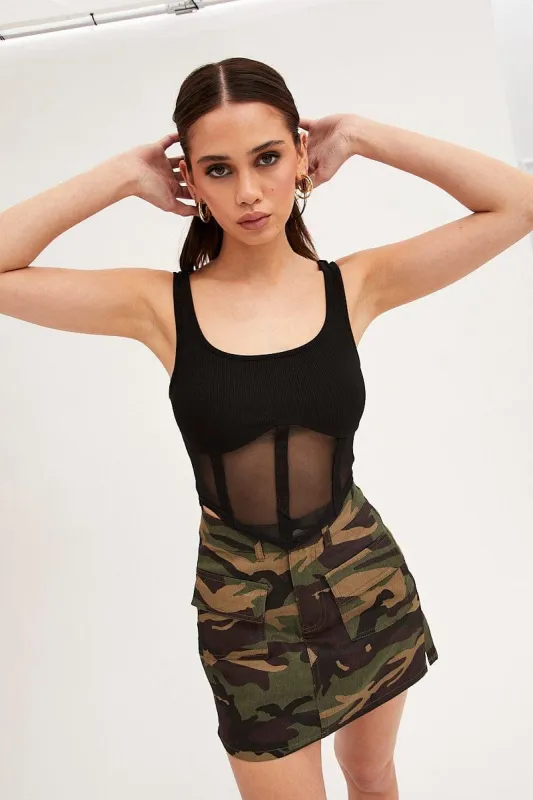 Black Mesh Patchwork Tank Top Corset Top sold by Ally Fashion