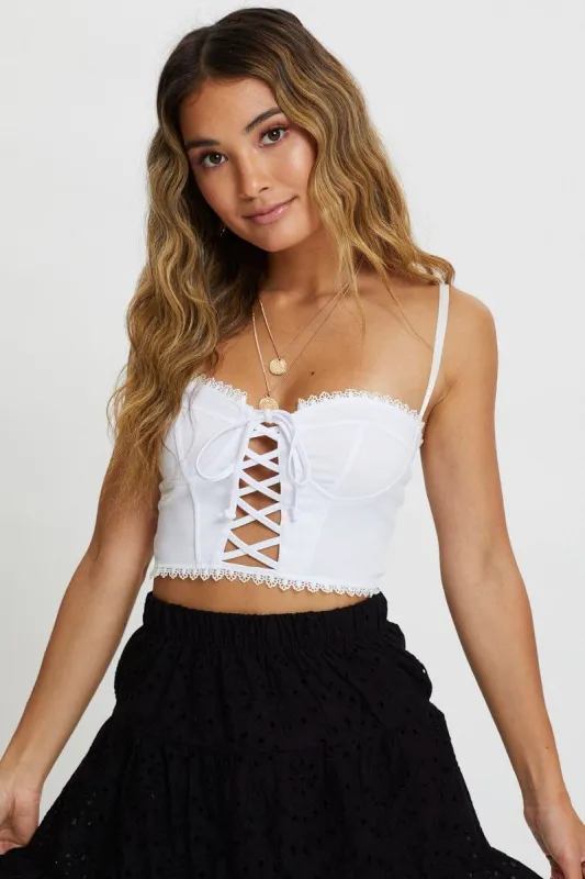 White Lace Trim Lace Up Bustier Crop Top sold by Ally Fashion