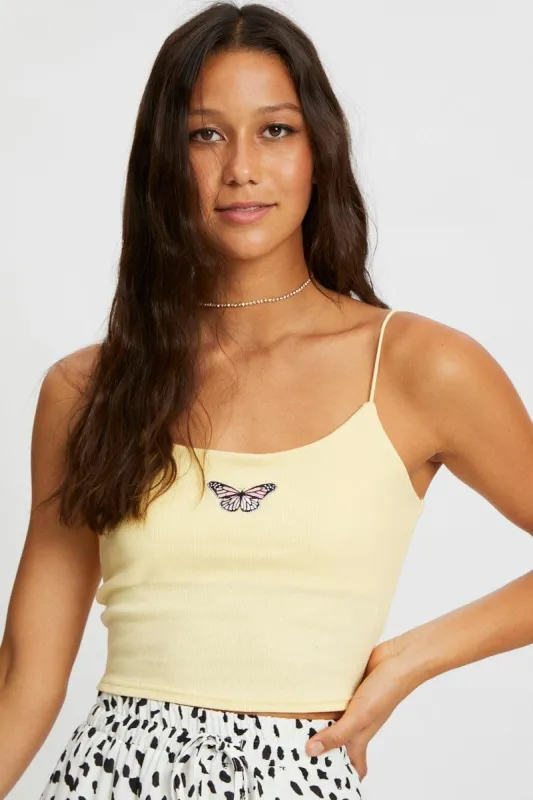 YELLOW Spaghetti Strap Jersey Embroidered Butterfly Singlet sold by Ally Fashion