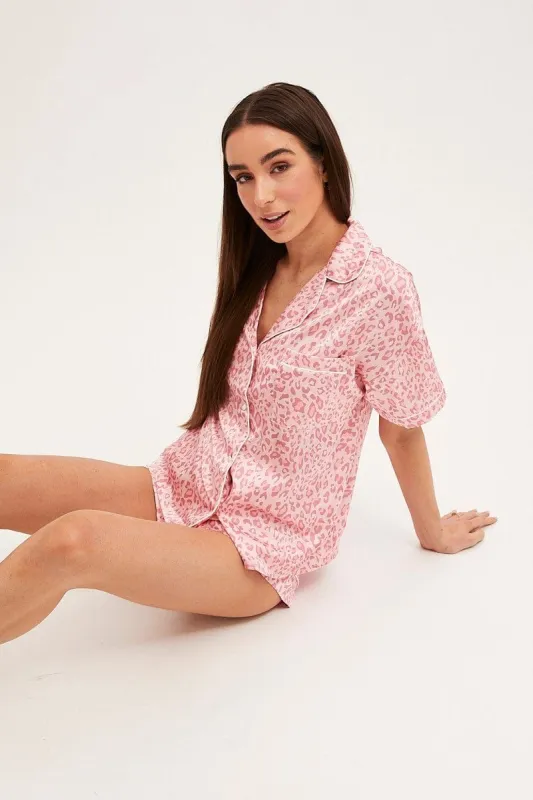 Pink Animal Print Pyjamas Set Short Sleeve Collared Shorts Satin sold by Ally Fashion