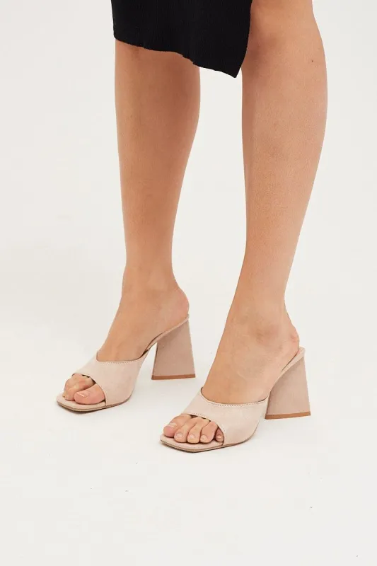 Beige Faux Suede Square Toe High Heeled Mule Sandal sold by Ally Fashion