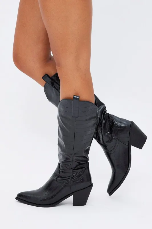 Black Knee High Cowboy Boots sold by Ally Fashion