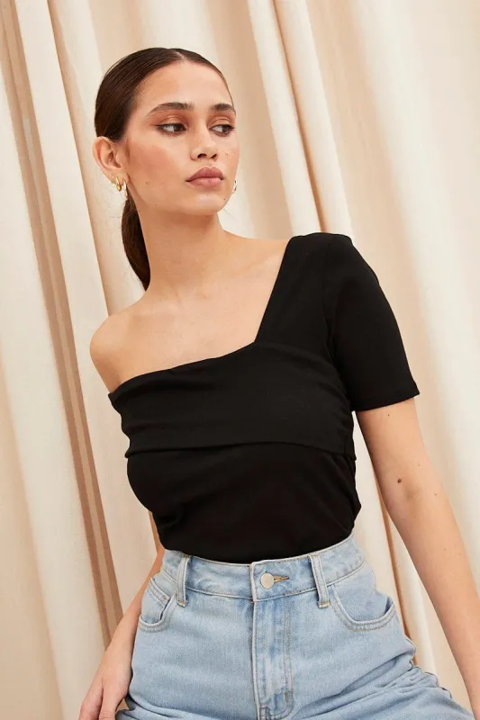 Black Top Short Sleeve Asymmetric Neckline Cotton Jersey sold by Ally Fashion