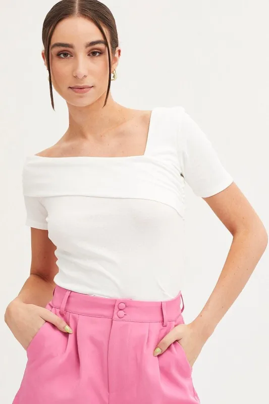 White Top Short Sleeve Asymmetric Neckline Cotton Jersey sold by Ally Fashion