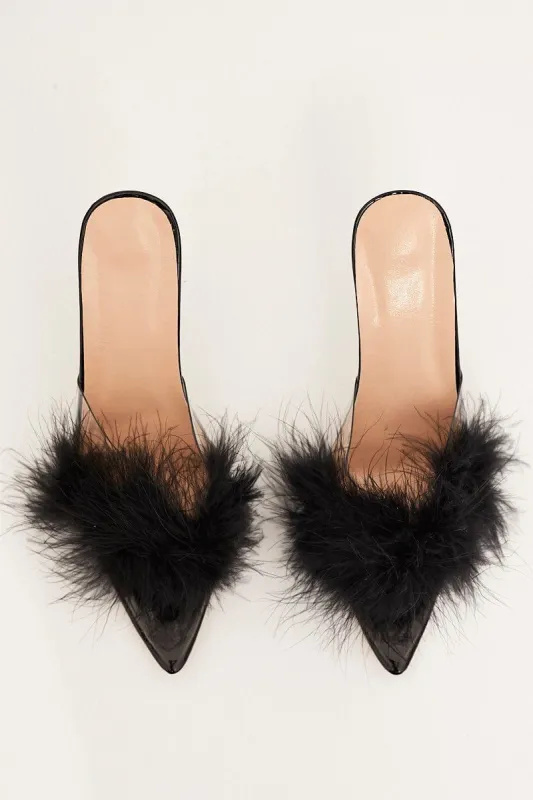 Black Faux Feather Stiletto Heeled Mule Sandals sold by Ally Fashion
