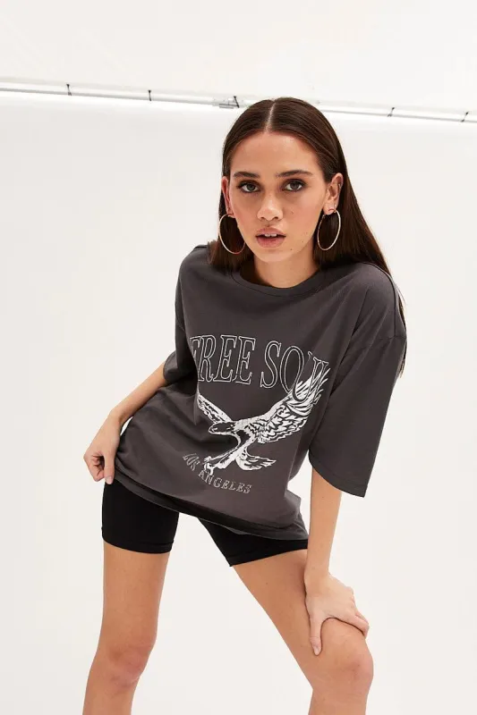 Grey T Shirt Short Sleeve Crew Neck Eagle Cotton sold by Ally Fashion