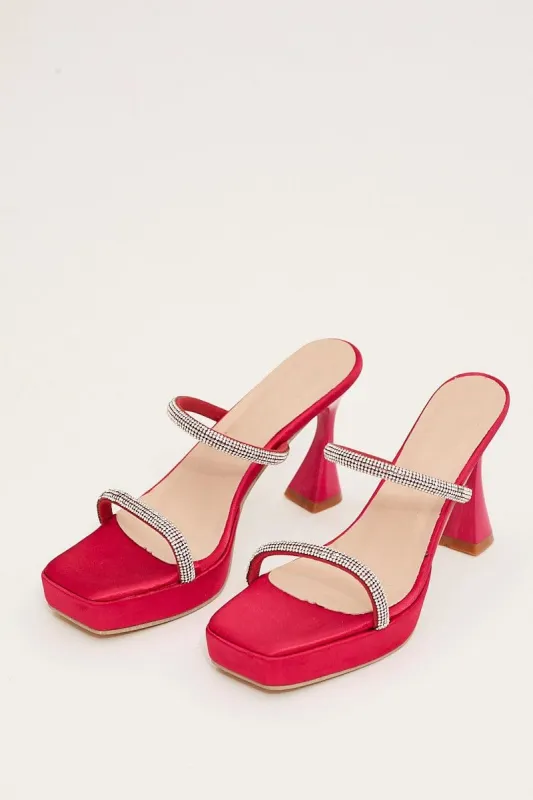 Pink Rhinestone Square Toe Mule Heeled Sandals sold by Ally Fashion