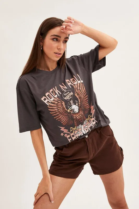 Grey T Shirt Short Sleeve Crew Neck Rock N' Roll Eagle sold by Ally Fashion