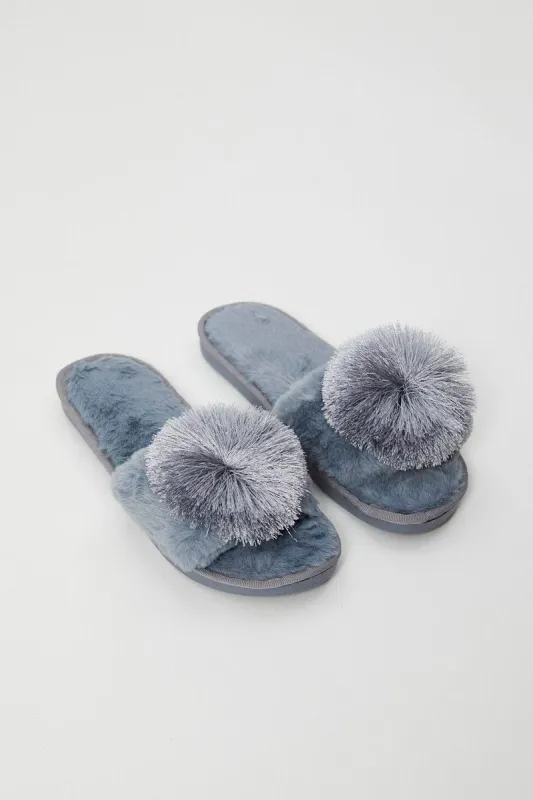 Blue Plush Pom Pom Detail Mule Slippers sold by Ally Fashion