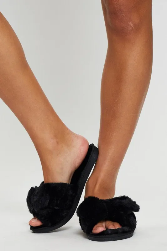 Black Plush Faux Fur Bow Detail Slippers sold by Ally Fashion