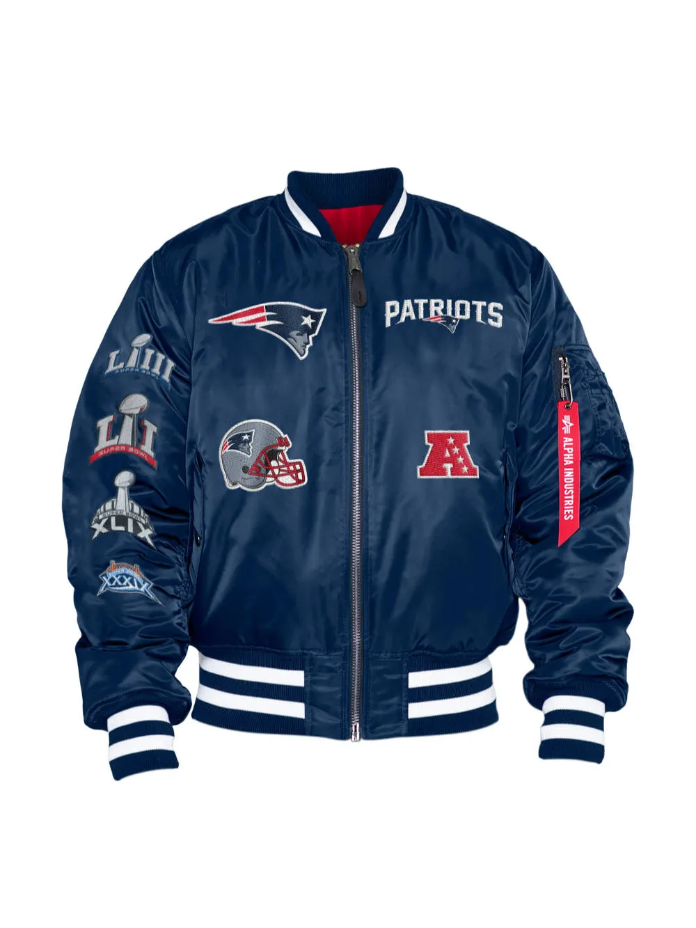 NEW ENGLAND PATRIOTS X ALPHA X NEW ERA MA-1 BOMBER JACKET (BLUE-RED) sold by Alpha Industries