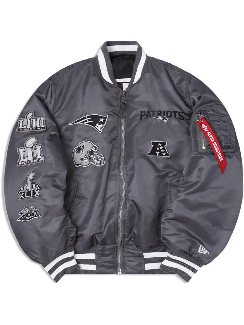 NEW ENGLAND PATRIOTS X ALPHA X NEW ERA MA-1 BOMBER JACKET (GRAY-BLACK) sold by Alpha Industries