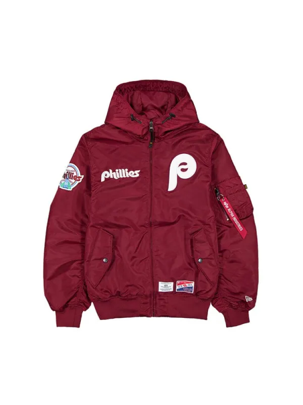 PHILADELPHIA PHILLIES X ALPHA X NEW ERA L-2B BOMBER JACKET (BURGUNDY) sold by Alpha Industries