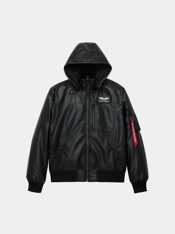 FAUX LEATHER HOODED RIB FLIGHT JACKET sold by Alpha Industries