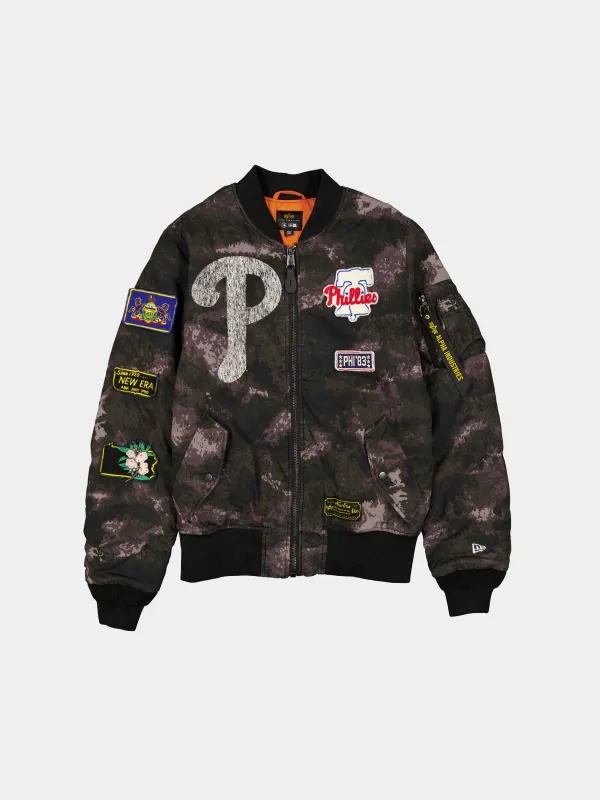 PHILADELPHIA PHILLIES X ALPHA X NEW ERA MA-1 BOMBER JACKET (BLACK CAMO) sold by Alpha Industries