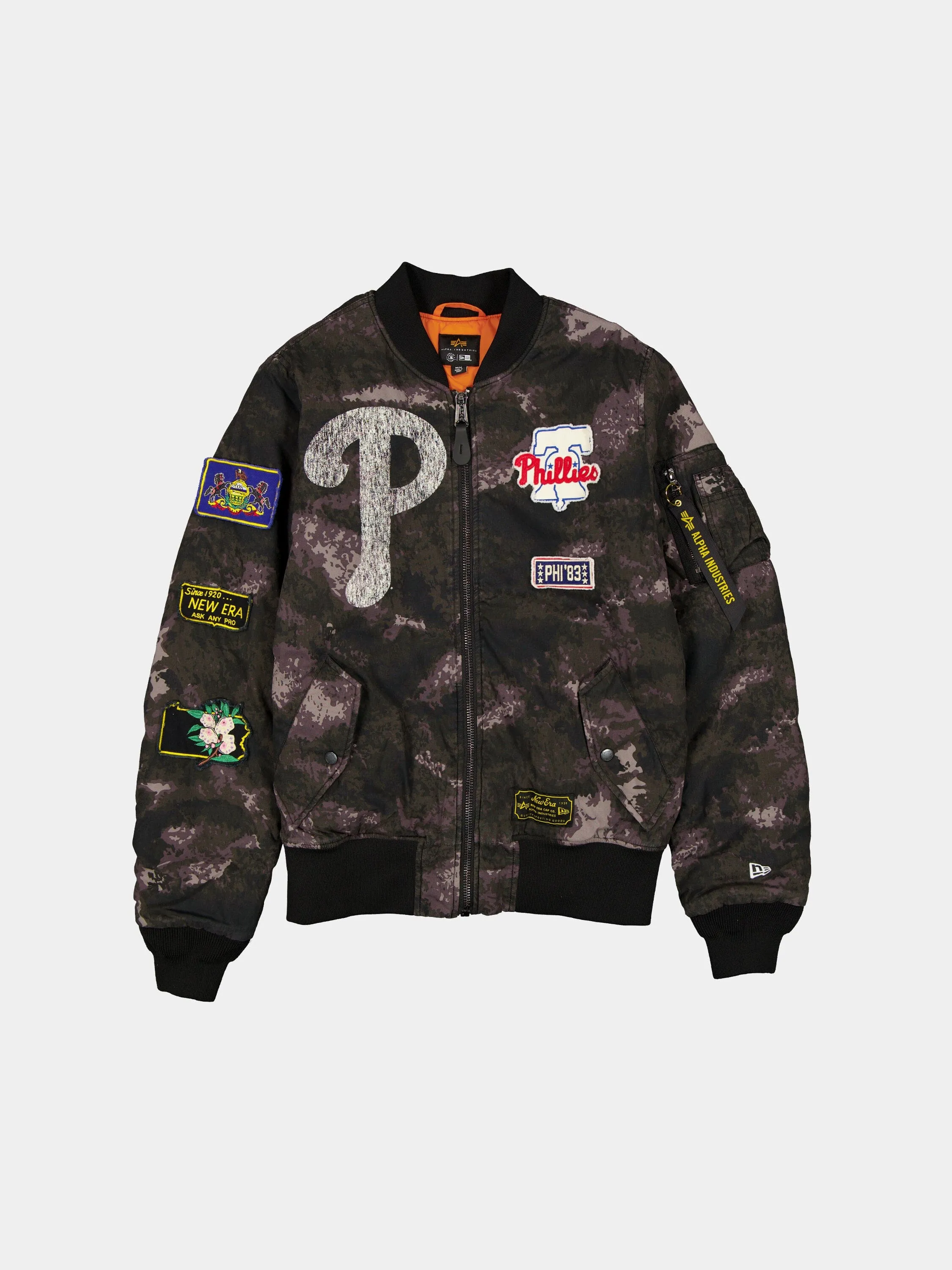 PHILADELPHIA PHILLIES X ALPHA X NEW ERA MA-1 BOMBER JACKET (BLACK CAMO) sold by Alpha Industries