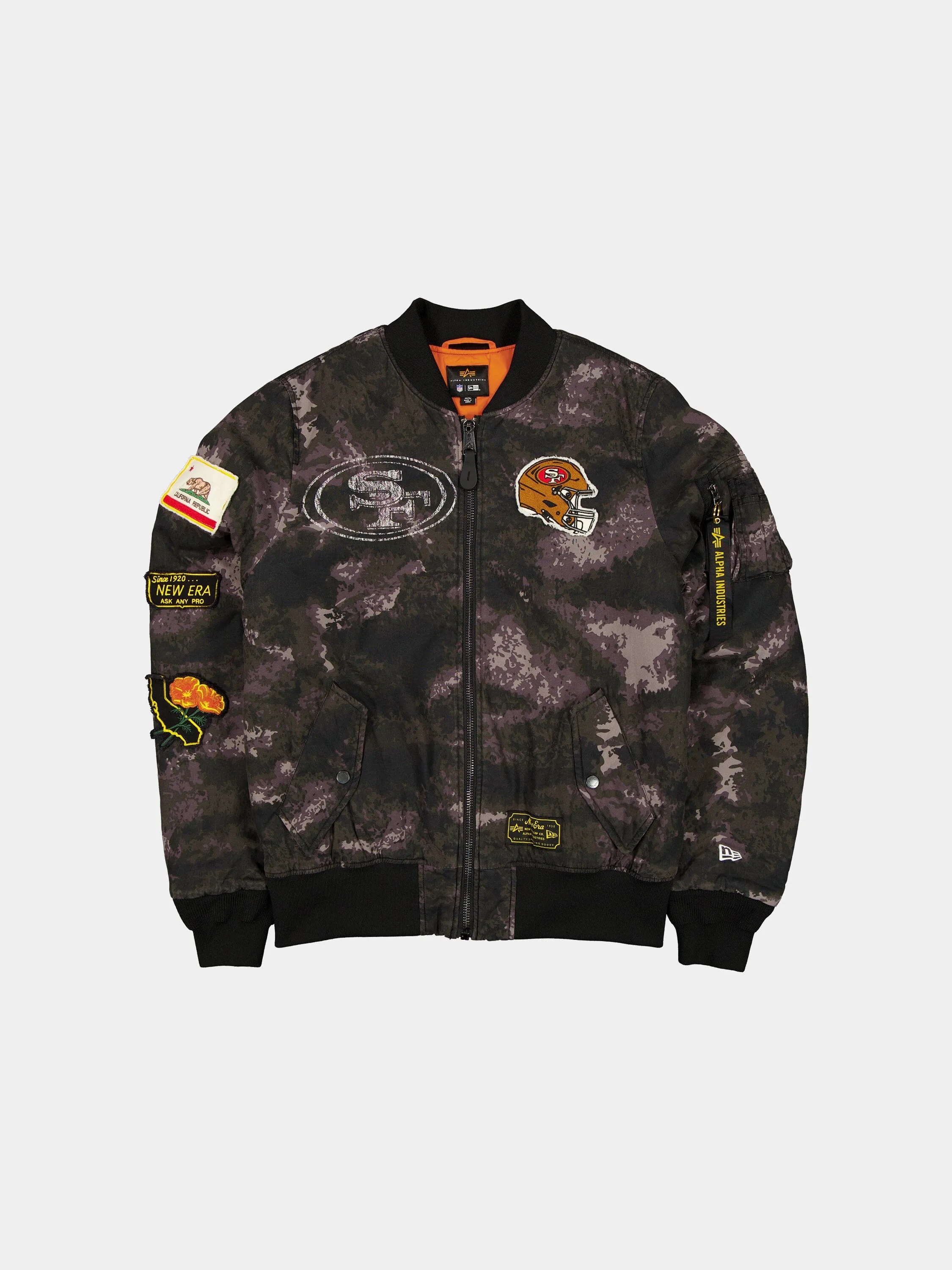 SAN FRANCISCO 49ERS X ALPHA X NEW ERA MA-1 BOMBER JACKET (BLACK CAMO) sold by Alpha Industries