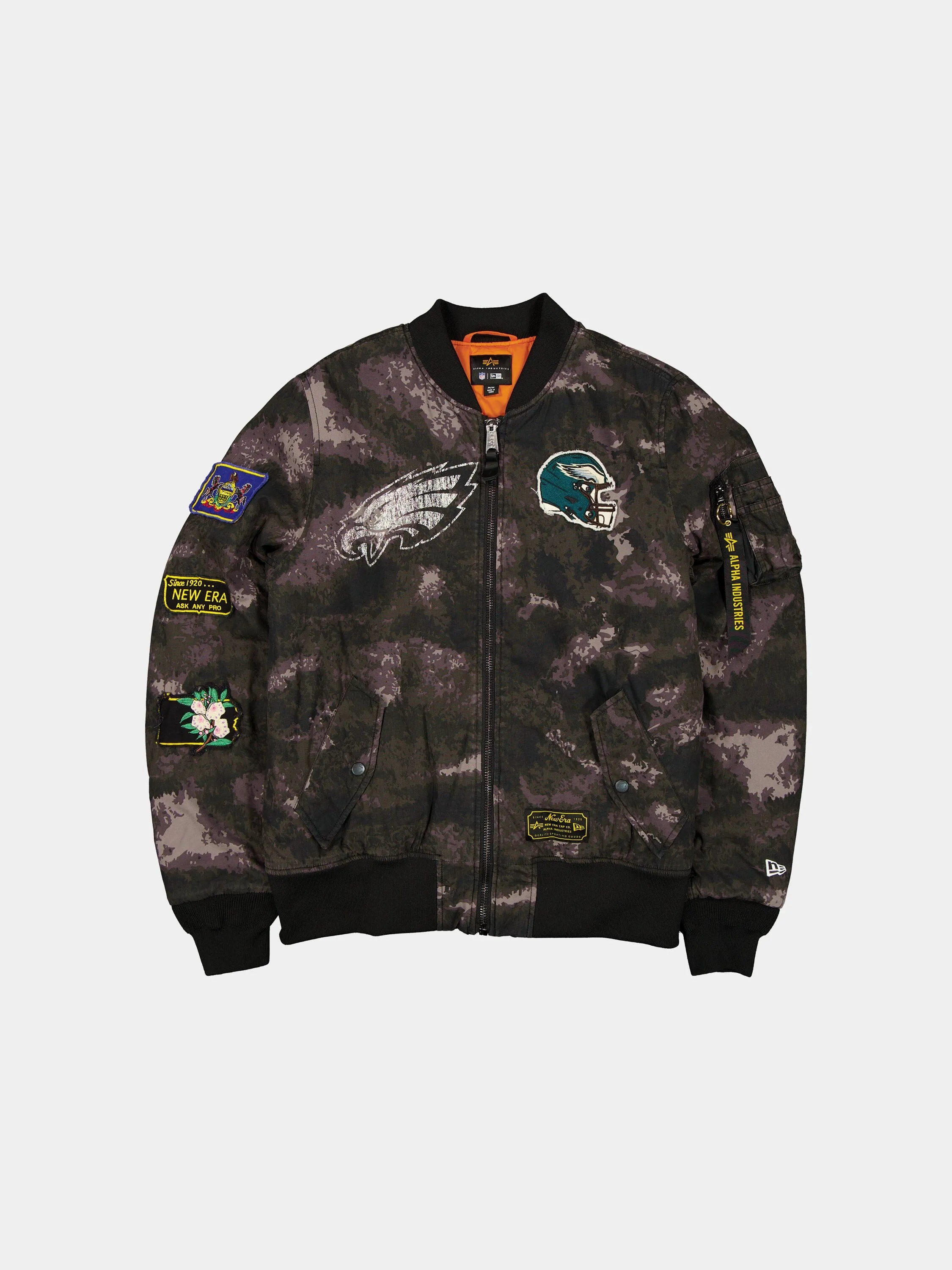 PHILADELPHIA EAGLES X ALPHA X NEW ERA MA-1 BOMBER JACKET (BLACK CAMO) sold by Alpha Industries