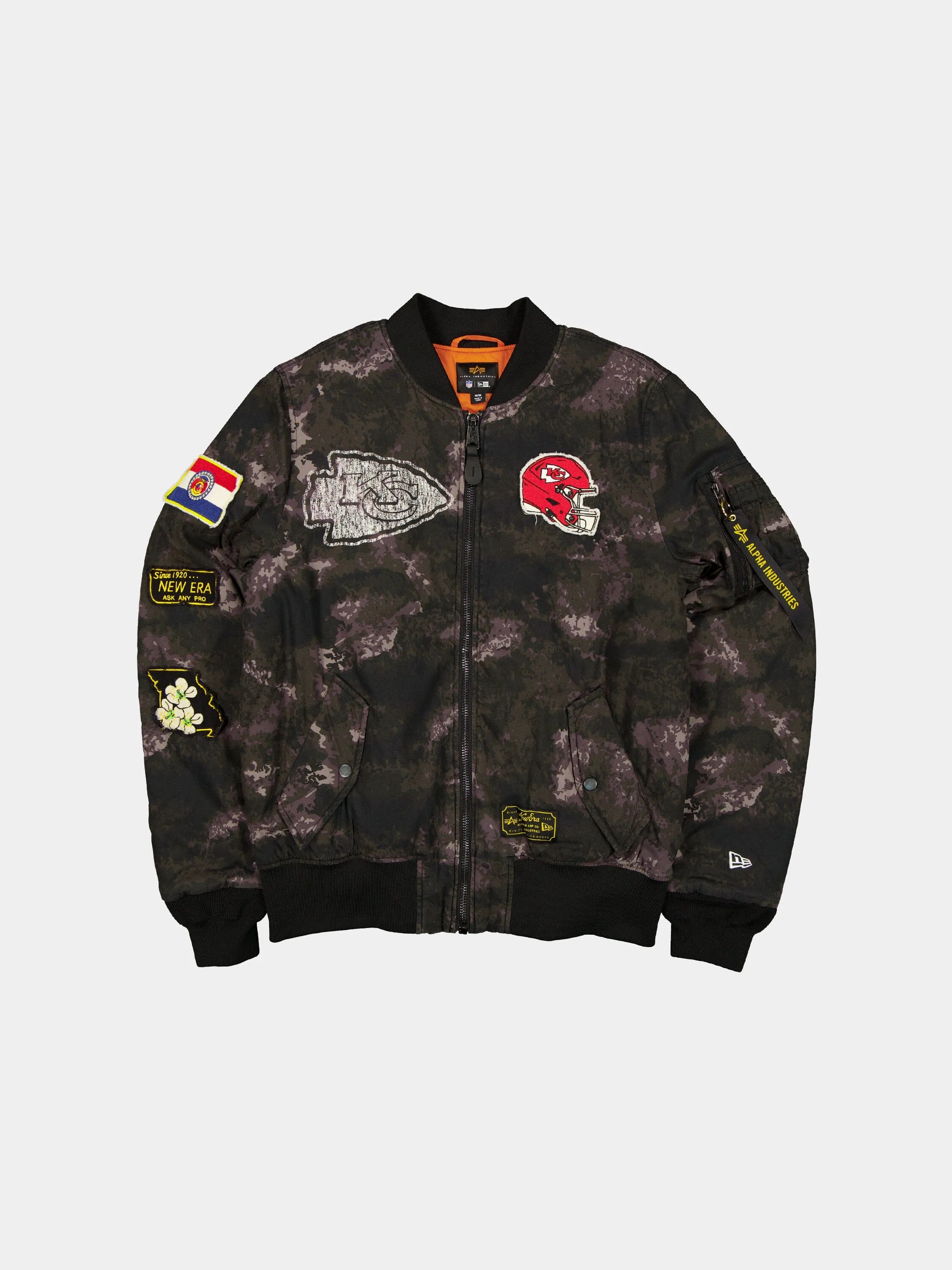 KANSAS CITY CHIEFS X ALPHA X NEW ERA MA-1 BOMBER JACKET (BLACK CAMO) sold by Alpha Industries