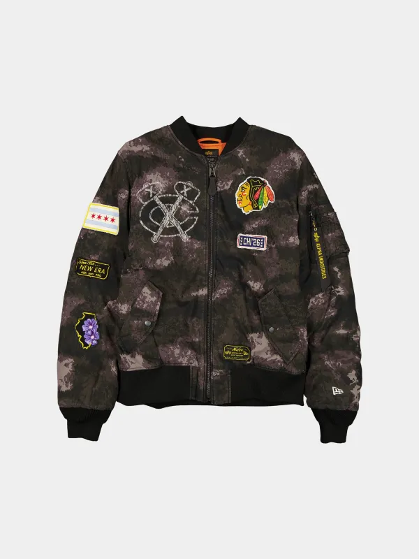 CHICAGO BLACKHAWKS X ALPHA X NEW ERA MA-1 BOMBER JACKET (BLACK CAMO) sold by Alpha Industries
