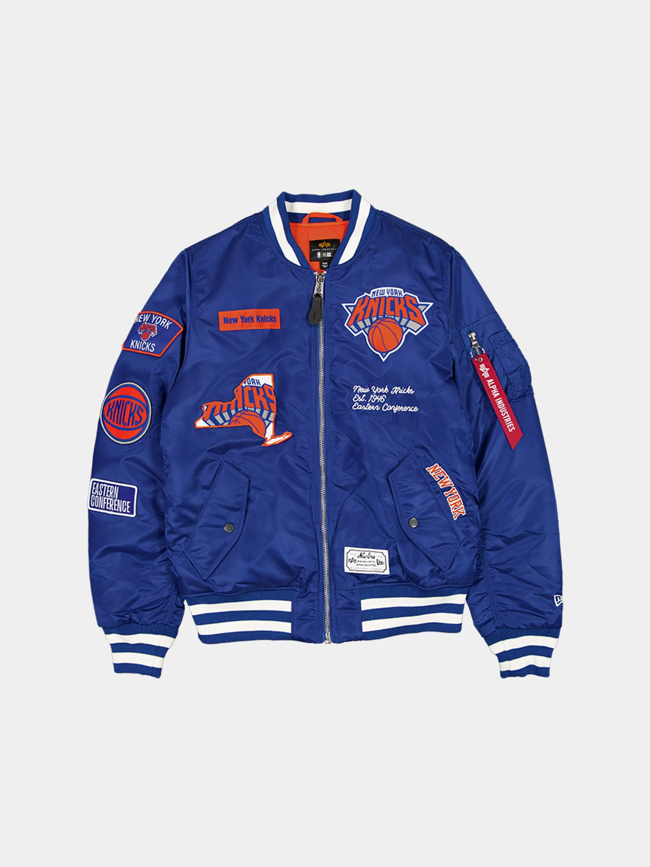 NEW YORK KNICKS X ALPHA X NEW ERA MA-1 BOMBER JACKET (BLUE) sold by Alpha Industries