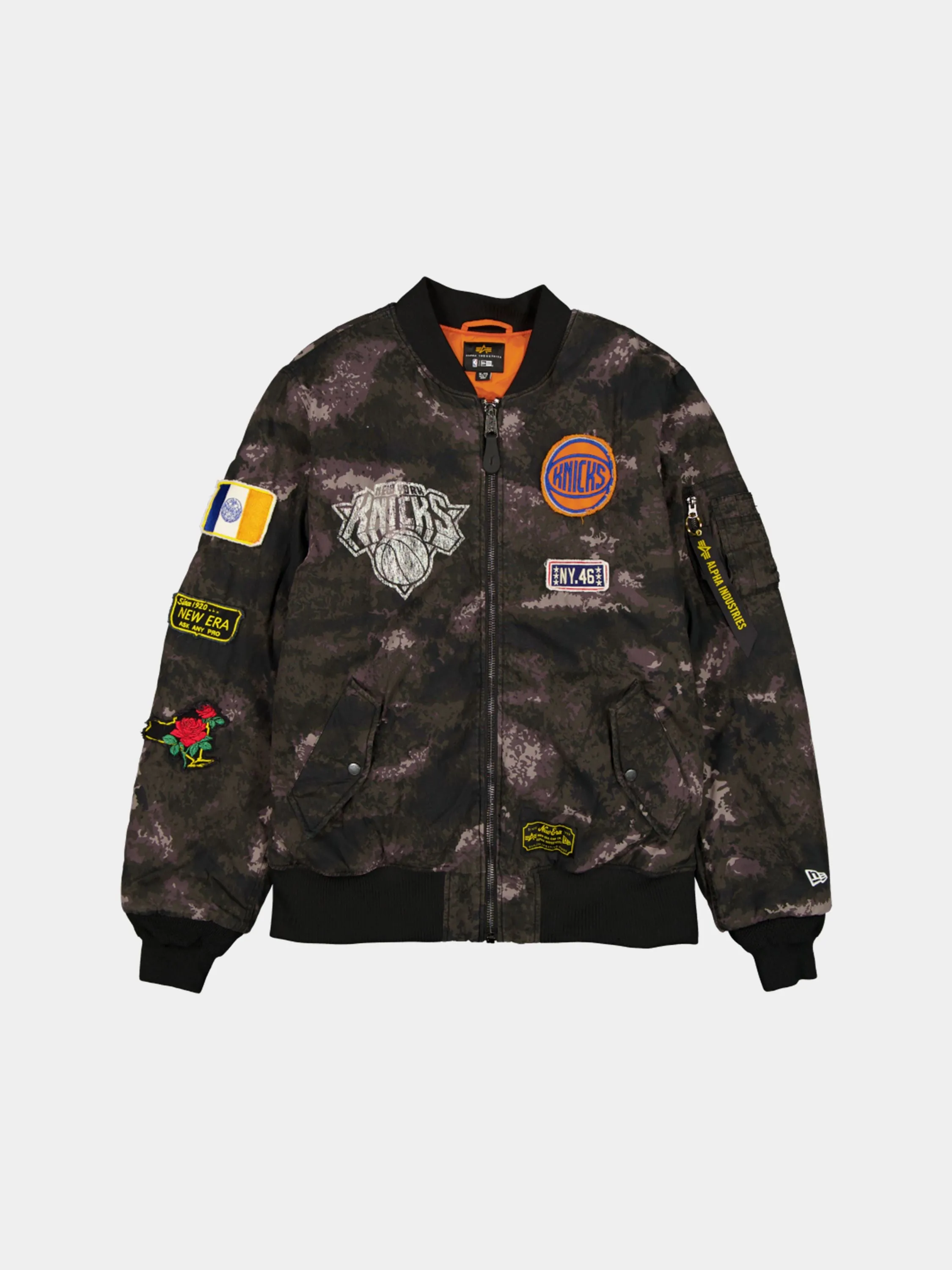 NEW YORK KNICKS X ALPHA X NEW ERA MA-1 BOMBER JACKET (BLACK CAMO) sold by Alpha Industries