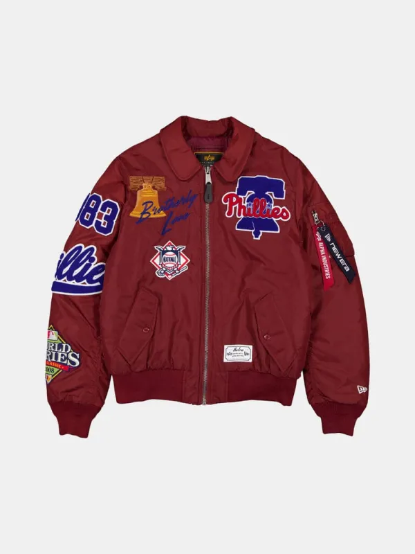 PHILADELPHIA PHILLIES X ALPHA X NEW ERA MA-1 COLLARED BOMBER JACKET made by Alpha Industries